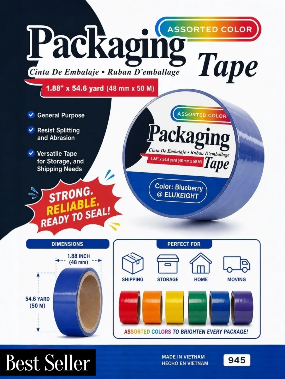 6 Pack Colored Packaging Tape Set 1.88” x 54.6 yd Strong Shipping Tape Bundle